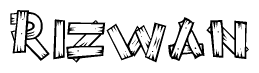 The clipart image shows the name Rizwan stylized to look like it is constructed out of separate wooden planks or boards, with each letter having wood grain and plank-like details.