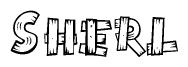 The image contains the name Sherl written in a decorative, stylized font with a hand-drawn appearance. The lines are made up of what appears to be planks of wood, which are nailed together