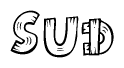 The clipart image shows the name Sud stylized to look like it is constructed out of separate wooden planks or boards, with each letter having wood grain and plank-like details.