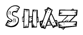 The image contains the name Shaz written in a decorative, stylized font with a hand-drawn appearance. The lines are made up of what appears to be planks of wood, which are nailed together
