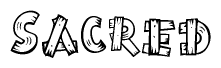 The image contains the name Sacred written in a decorative, stylized font with a hand-drawn appearance. The lines are made up of what appears to be planks of wood, which are nailed together