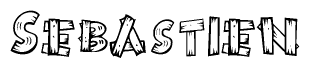 The image contains the name Sebastien written in a decorative, stylized font with a hand-drawn appearance. The lines are made up of what appears to be planks of wood, which are nailed together