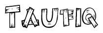 The image contains the name Taufiq written in a decorative, stylized font with a hand-drawn appearance. The lines are made up of what appears to be planks of wood, which are nailed together