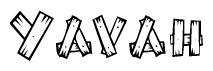 The image contains the name Yavah written in a decorative, stylized font with a hand-drawn appearance. The lines are made up of what appears to be planks of wood, which are nailed together