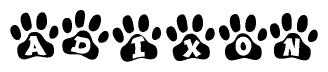 The image shows a series of animal paw prints arranged in a horizontal line. Each paw print contains a letter, and together they spell out the word Adixon.