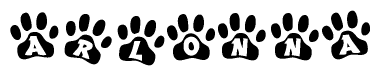 The image shows a series of animal paw prints arranged horizontally. Within each paw print, there's a letter; together they spell Arlonna