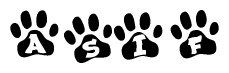 The image shows a series of animal paw prints arranged horizontally. Within each paw print, there's a letter; together they spell Asif