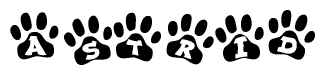 The image shows a series of animal paw prints arranged in a horizontal line. Each paw print contains a letter, and together they spell out the word Astrid.