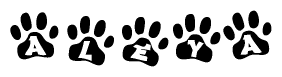 The image shows a series of animal paw prints arranged in a horizontal line. Each paw print contains a letter, and together they spell out the word Aleya.