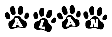 The image shows a row of animal paw prints, each containing a letter. The letters spell out the word Alan within the paw prints.