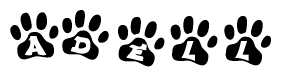 The image shows a series of animal paw prints arranged horizontally. Within each paw print, there's a letter; together they spell Adell