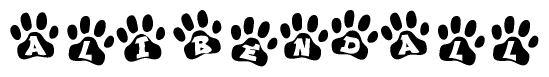 The image shows a series of animal paw prints arranged horizontally. Within each paw print, there's a letter; together they spell Alibendall