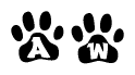 The image shows a series of animal paw prints arranged in a horizontal line. Each paw print contains a letter, and together they spell out the word Aw.