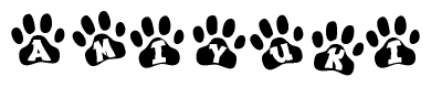 The image shows a row of animal paw prints, each containing a letter. The letters spell out the word Amiyuki within the paw prints.