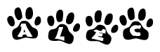The image shows a series of animal paw prints arranged horizontally. Within each paw print, there's a letter; together they spell Alec
