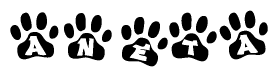 The image shows a series of animal paw prints arranged in a horizontal line. Each paw print contains a letter, and together they spell out the word Aneta.