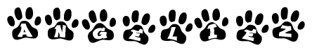 The image shows a series of animal paw prints arranged horizontally. Within each paw print, there's a letter; together they spell Angeliez