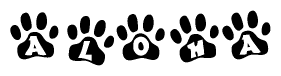 The image shows a row of animal paw prints, each containing a letter. The letters spell out the word Aloha within the paw prints.