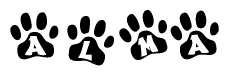 The image shows a row of animal paw prints, each containing a letter. The letters spell out the word Alma within the paw prints.