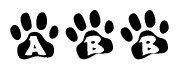 The image shows a series of animal paw prints arranged in a horizontal line. Each paw print contains a letter, and together they spell out the word Abb.