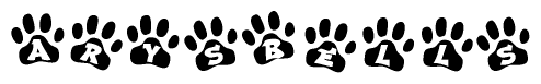 The image shows a series of animal paw prints arranged horizontally. Within each paw print, there's a letter; together they spell Arysbells