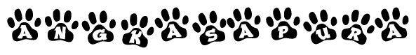The image shows a series of animal paw prints arranged in a horizontal line. Each paw print contains a letter, and together they spell out the word Angkasapura.