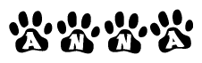 The image shows a series of animal paw prints arranged horizontally. Within each paw print, there's a letter; together they spell Anna