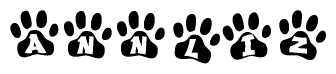 The image shows a series of animal paw prints arranged in a horizontal line. Each paw print contains a letter, and together they spell out the word Annliz.