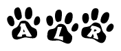 The image shows a series of animal paw prints arranged horizontally. Within each paw print, there's a letter; together they spell Alr