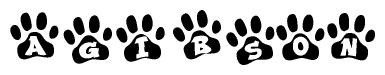 The image shows a series of animal paw prints arranged in a horizontal line. Each paw print contains a letter, and together they spell out the word Agibson.