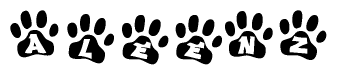 The image shows a row of animal paw prints, each containing a letter. The letters spell out the word Aleenz within the paw prints.