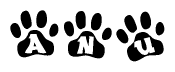 The image shows a row of animal paw prints, each containing a letter. The letters spell out the word Anu within the paw prints.