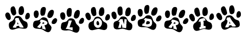 The image shows a series of animal paw prints arranged in a horizontal line. Each paw print contains a letter, and together they spell out the word Arlondria.