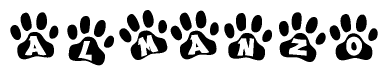 The image shows a series of animal paw prints arranged in a horizontal line. Each paw print contains a letter, and together they spell out the word Almanzo.