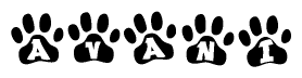 The image shows a row of animal paw prints, each containing a letter. The letters spell out the word Avani within the paw prints.