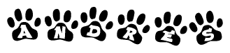 The image shows a series of animal paw prints arranged in a horizontal line. Each paw print contains a letter, and together they spell out the word Andres.