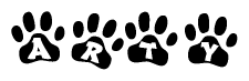 The image shows a series of animal paw prints arranged in a horizontal line. Each paw print contains a letter, and together they spell out the word Arty.