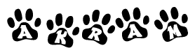 The image shows a series of animal paw prints arranged horizontally. Within each paw print, there's a letter; together they spell Akram