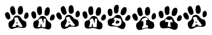 The image shows a series of animal paw prints arranged in a horizontal line. Each paw print contains a letter, and together they spell out the word Anandita.