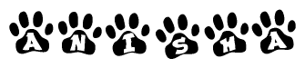 The image shows a series of animal paw prints arranged horizontally. Within each paw print, there's a letter; together they spell Anisha