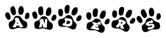 The image shows a series of animal paw prints arranged in a horizontal line. Each paw print contains a letter, and together they spell out the word Anders.