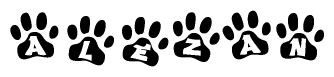 The image shows a series of animal paw prints arranged in a horizontal line. Each paw print contains a letter, and together they spell out the word Alezan.