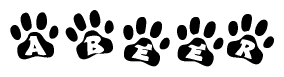 The image shows a series of animal paw prints arranged in a horizontal line. Each paw print contains a letter, and together they spell out the word Abeer.