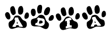 The image shows a row of animal paw prints, each containing a letter. The letters spell out the word Adia within the paw prints.