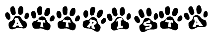 The image shows a series of animal paw prints arranged horizontally. Within each paw print, there's a letter; together they spell Attrista