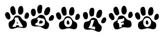 The image shows a series of animal paw prints arranged horizontally. Within each paw print, there's a letter; together they spell Adolfo