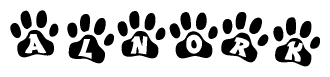 The image shows a row of animal paw prints, each containing a letter. The letters spell out the word Alnork within the paw prints.