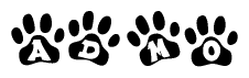 The image shows a series of animal paw prints arranged horizontally. Within each paw print, there's a letter; together they spell Admo