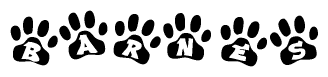 The image shows a series of animal paw prints arranged in a horizontal line. Each paw print contains a letter, and together they spell out the word Barnes.