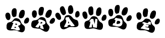 The image shows a row of animal paw prints, each containing a letter. The letters spell out the word Brande within the paw prints.